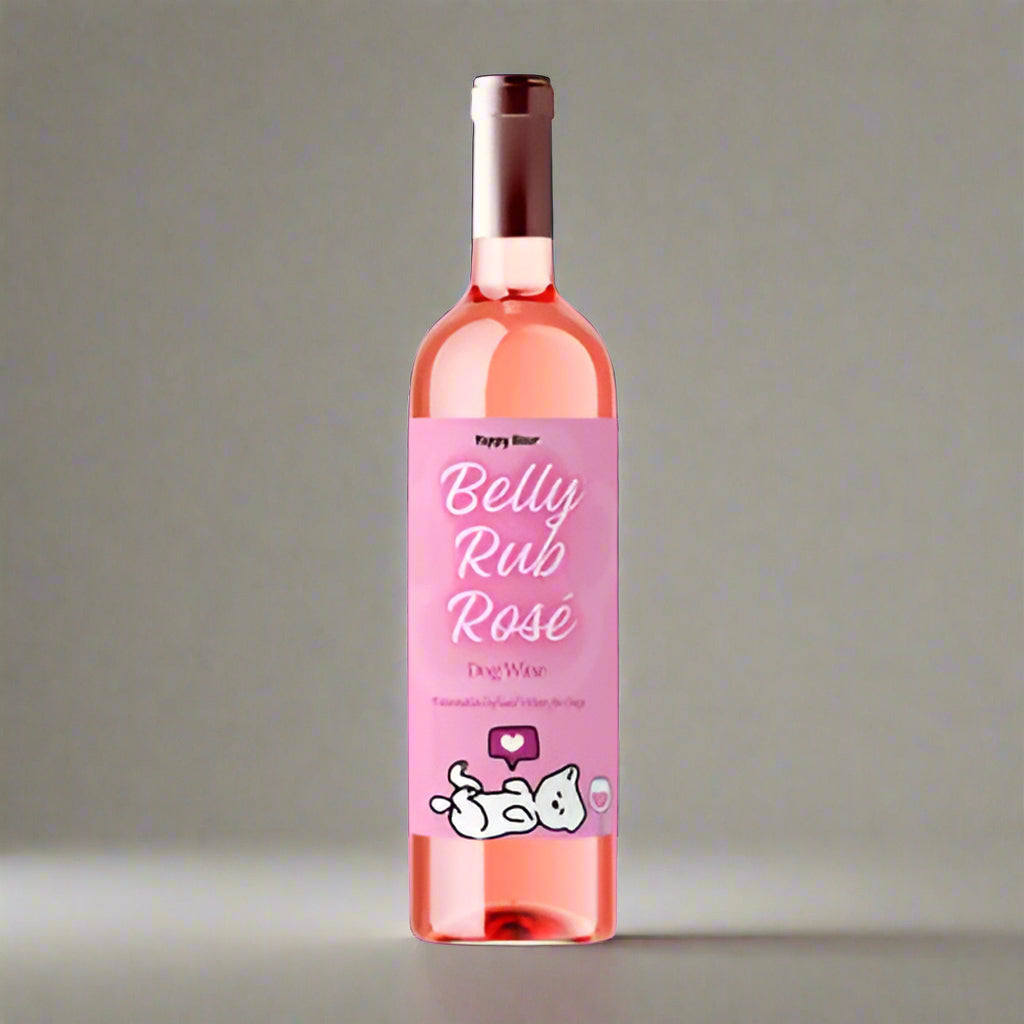 Bottle of 'Belly Rub Rosé' wine with a pink label on a pink background