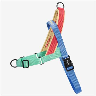 Colorful dog harnesses on a white background