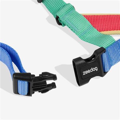 Dog Harness with black clasp and 'zeedog' branding on a white background