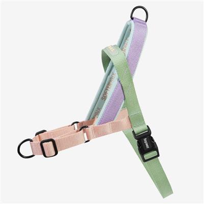 dog harnesses, green and pink, on a white background.