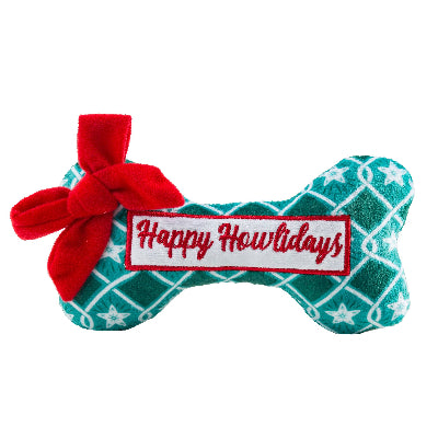 Dog toy with 'Happy Howlidays' label and red bow on a white background