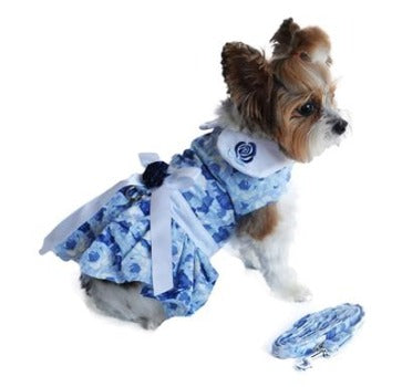 Dog harness dress with blue roses and blue rose embroidered on collar