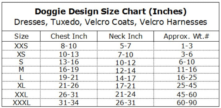 Doggie Design Dog Dress Size Chart