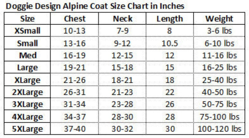 Doggie Design Alpine Puffer Coat Size Chart-Paws & Purrs Barkery & Boutique