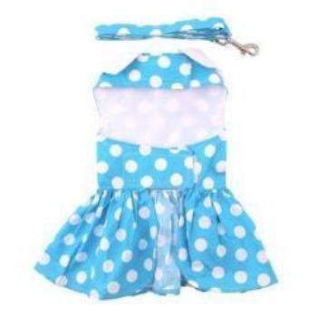 Back view of blue polka dot dog dress with matching leash.