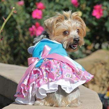 Dog wearing blue with pink floral skirt dress that features pink ribbon bow.