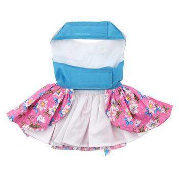 Back view of blue with pink floral skirt Plumeria dog dress