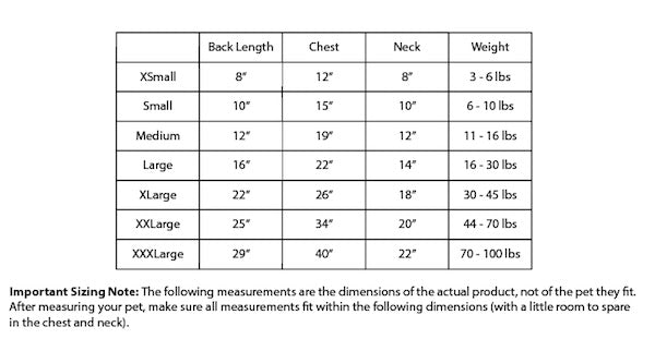 Doggie Design Dog Dress Size Chart