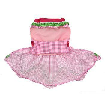 Pink gingham watermelon dog dress back view