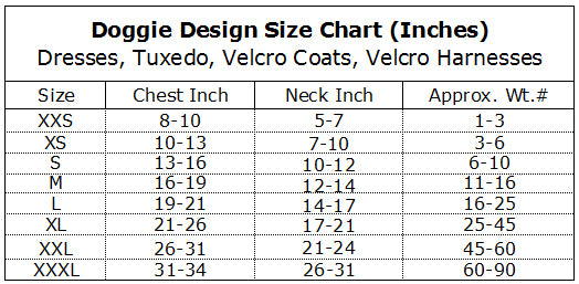 Doggie Design Size Chart-Paws & Purrs Barkery & Boutique