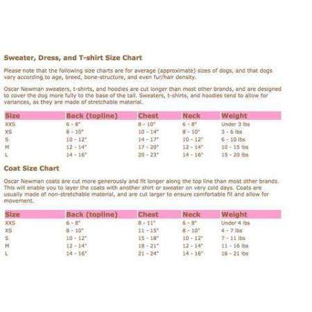 Oscar Newmans dog apparel size chart lists sizes XXS to XL with back, chest, neck measurements, weight guidelines, and offers styles including sparkling flower prints in stretch polyester/lycra blend like the Moonlit Dog Tee.