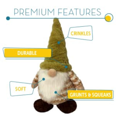 A plush gnome-shaped toy with a sage green hat and white beard, showing toy features