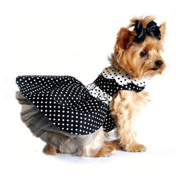 Black & White polka dot dog harness dress with crinoline