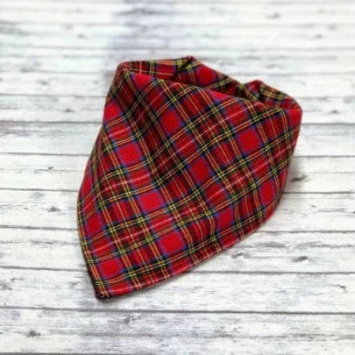 Red & Green Tartan Plaid pet bandana on wood grain background