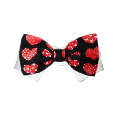 Black with Red Hearts pet bow tie on white background