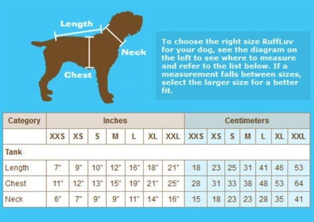 RuffLuv NYC Dog Tank Size Chart
