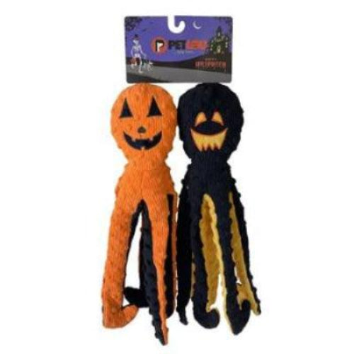 Two polka dot corduroy dog toys shaped like octopi, one in orange and the other in black, with embroidered facial features, on a white background. Packaging shows '16' and 'Dotty Friends'.
