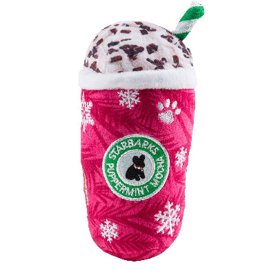 Pink plush toy resembling a peppermint mocha cup with Starbarks logo on a white background