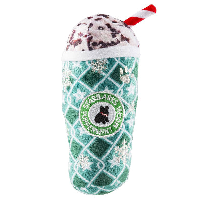 Dog toy shaped like a peppermint mocha cup with snowflakes and Starbarks branding.