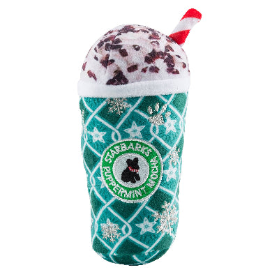 Starbarks peppermint mocha plush toy resembling a cup with a straw on a white background