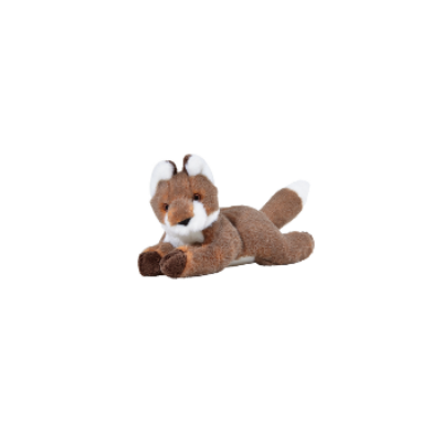 A plush toy depicting a fox with brown body, white collar and white tip on the tail, lying down against a white background.