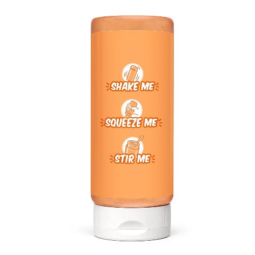 Orange squeeze bottle of Bark Bistro Sweet Tater Buddy Budder Peanut Butter for dogs with instructions on white background.