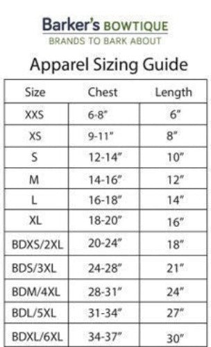 Barker's Bowtique Dog Tank Size Chart