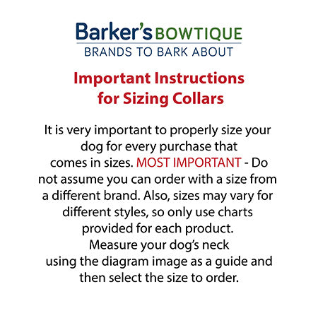 Barker's Bowtique instruction card for sizing dog collars with text on a white background.