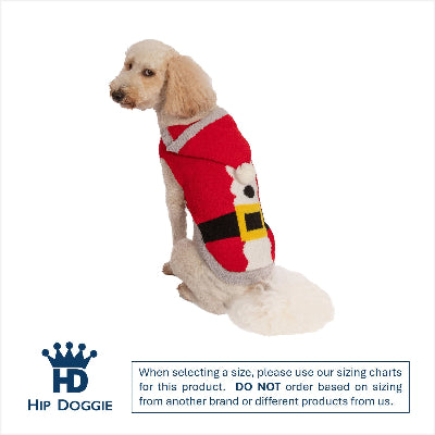 Dog wearing a red sweater with a Santa design on a white background, featuring the Hip Doggie brand.