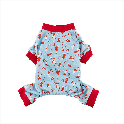 A light blue dog pajamas with a Christmas print of red and white stockings, candy canes, and snowflakes, featuring solid red trim on the collar, cuffs, and ankles.