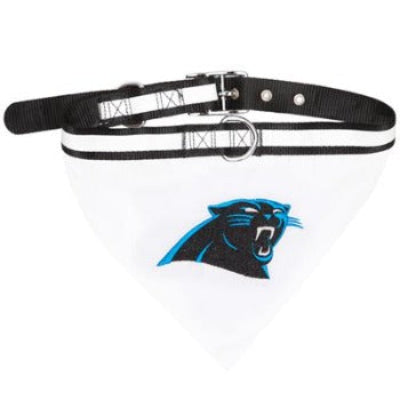 A white cotton bandana with an embroidered Carolina Panthers logo, featuring a striped nylon web reflective collar with silver grommets and hardware.