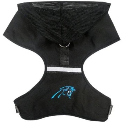 A black pet hoodie harness with a mesh hood, featuring the embroidered Carolina Panthers logo on the back and a reflector stripe.
