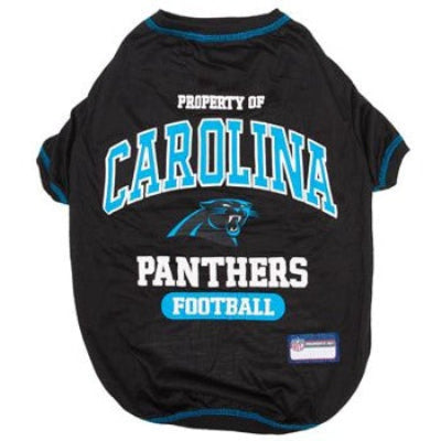 A black dog t-shirt with the Carolina Panthers football team branding and colors, including blue and white accents.