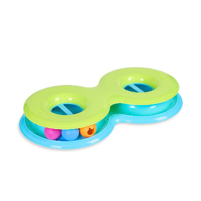 A colorful Catstages Infinity Ball Track with two balls and a green and blue ring, perfect for engaging cats in play.