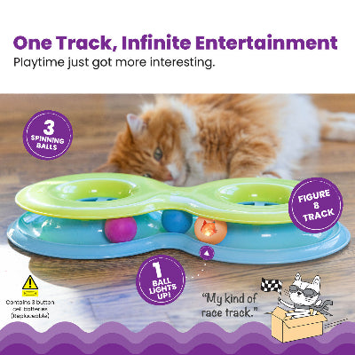 A colorful Catstages Infinity Ball Track with two balls and a green and blue ring, perfect for engaging cats in play.