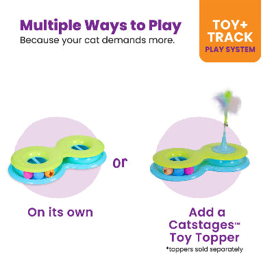 A colorful Catstages Infinity Ball Track with two balls and a green and blue ring, perfect for engaging cats in play.