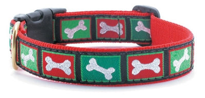 Up Country Christmas Bones on Red & Green Dog Collar & Leash