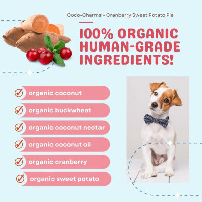 Product label for Coco-Charms Cranberry Sweet Potato Pie with organic ingredients and a dog wearing a bow tie.