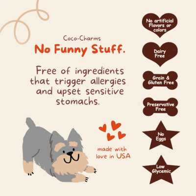 Product label for Coco-Charms dog treats with allergen-free and free-range information.