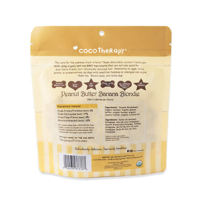 CocoTherapy peanut butter banana blondie dog treat package with text and branding.