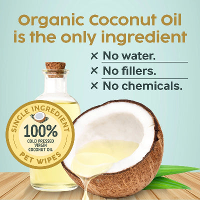 Coconut oil bottle and half-coconut with text highlighting organic and single-ingredient properties on a light blue background.