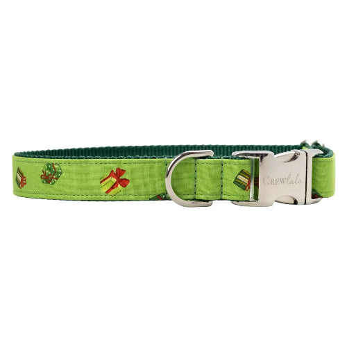 Green dog collar with silver finish buckle featuring Christmas gifts on white background