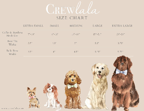 Crew LaLa Dog Collar size chart with sizes and measurements with various size dog on cream background.