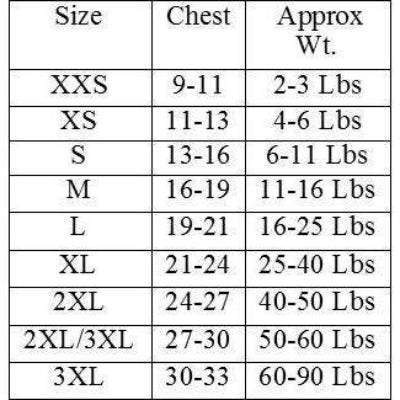 Table showing size chart for chest measurements and approximate weights for Doggie Design American River Choke Free Dog Harnesses.