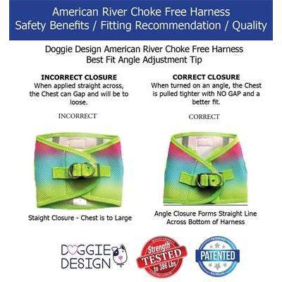 Doggie Design American River Choke Free Harness with fitting instructions and brand logos.
