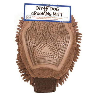 Brown pet grooming mitt with bristles on white background