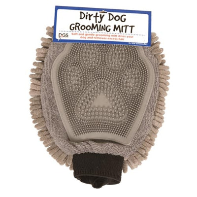 Grey pet grooming mitt with bristles on white background