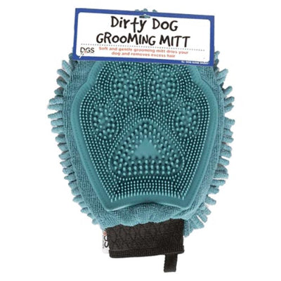 Turquoise pet grooming mitt with bristles on white background