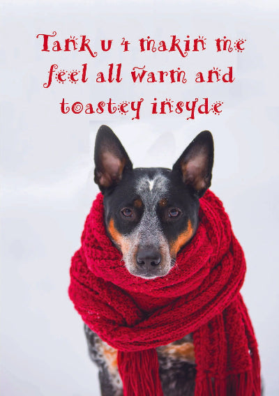 Front of pet sitter greeting card featuring dog with red scarf 
