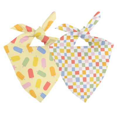 Two colorful bandanas with different patterns on a white background